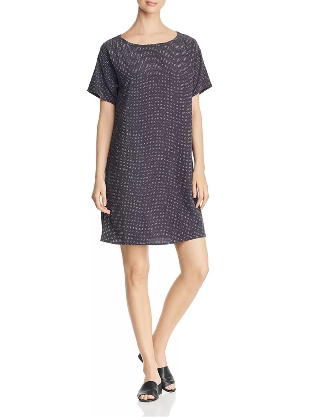 Eileen Fisher Tencel Viscose Morse Code Print Shift Dress Tunic Gray S/P